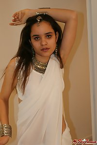 Juicy jasmine in white pearl Indian sari after party getting naked