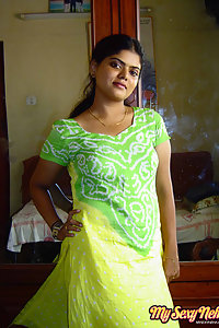 Indian Wife Neha in green and yellow Indian shalwar suit