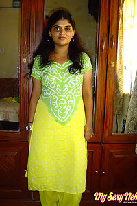 Indian Wife Neha in green and yellow Indian shalwar suit