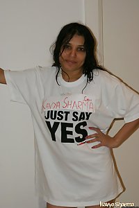 Indian Babe Kavya promoting her website with her name shirt on