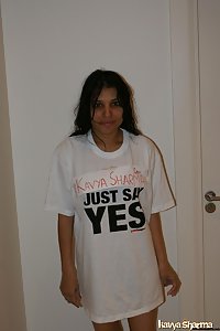 Indian Babe Kavya promoting her website with her name shirt on