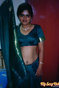 Indian Wife Neha in traditional green saree stripping naked