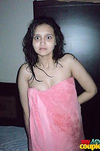 Sonia after shower in towel with sunny