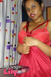 Horny Lily in red sexy nighty looking hot stripping naked to tease
